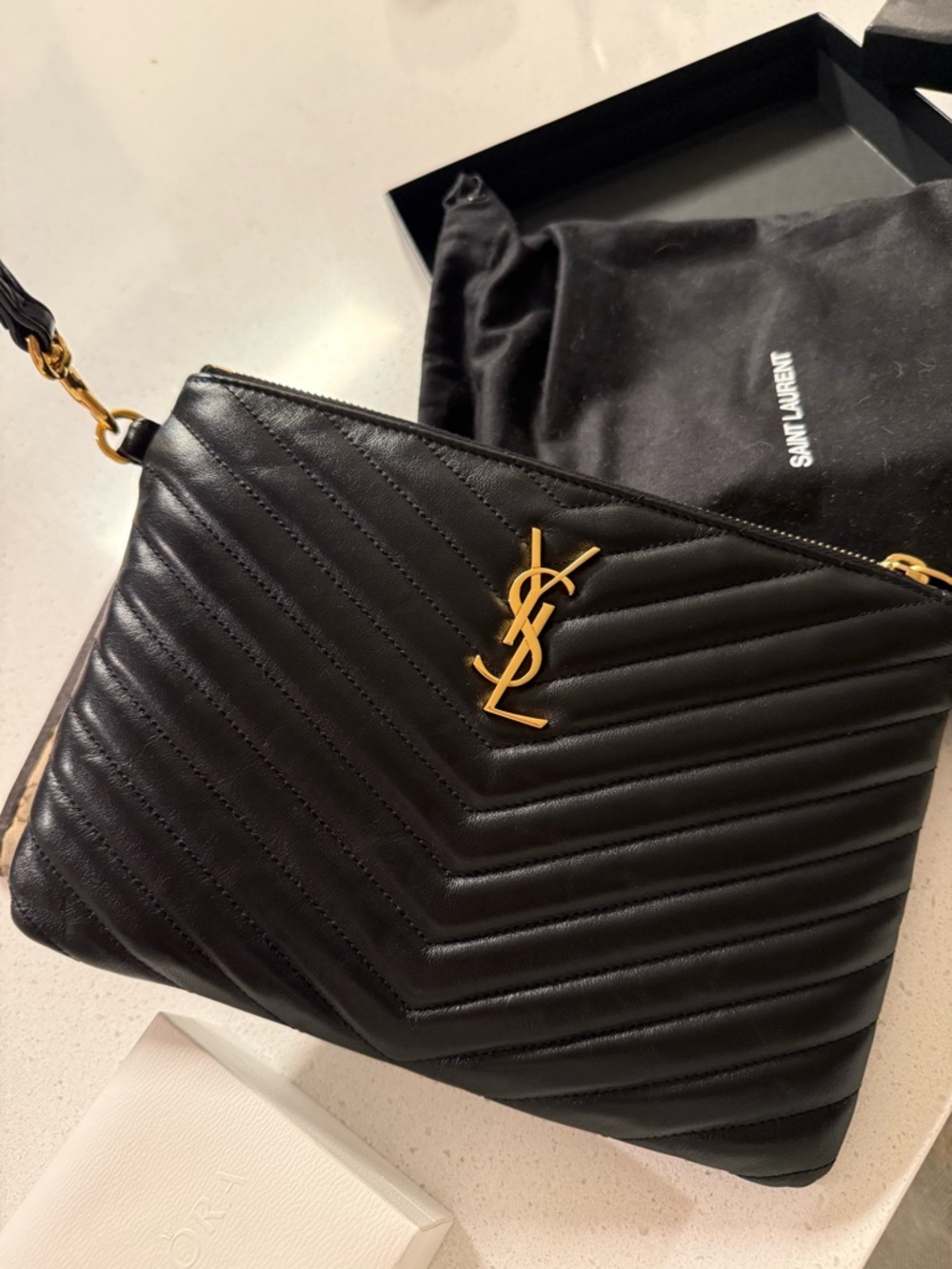 Saint Laurent JOLIE Black Quilted Leather Wristlet with Gold YSL Logo - Picture 2 of 6